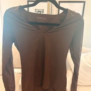 SPANX Brown Long-Sleeve V-Neck Tee